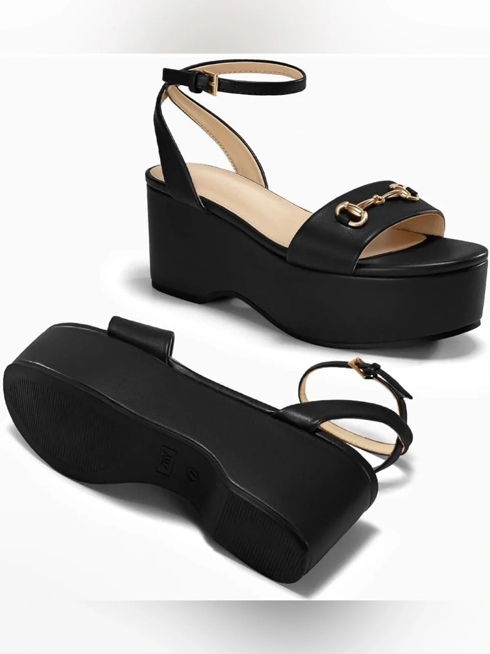 Black Platform Sandals with Open Toe, Ankle Strap, & Horsebit Buckle, Retail $69